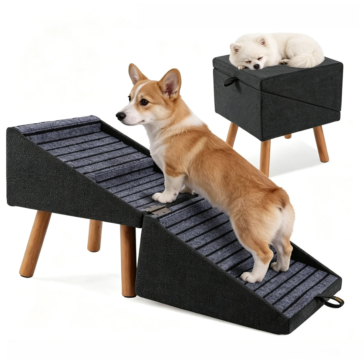 Carpeted dog ramp that folds into a footstool