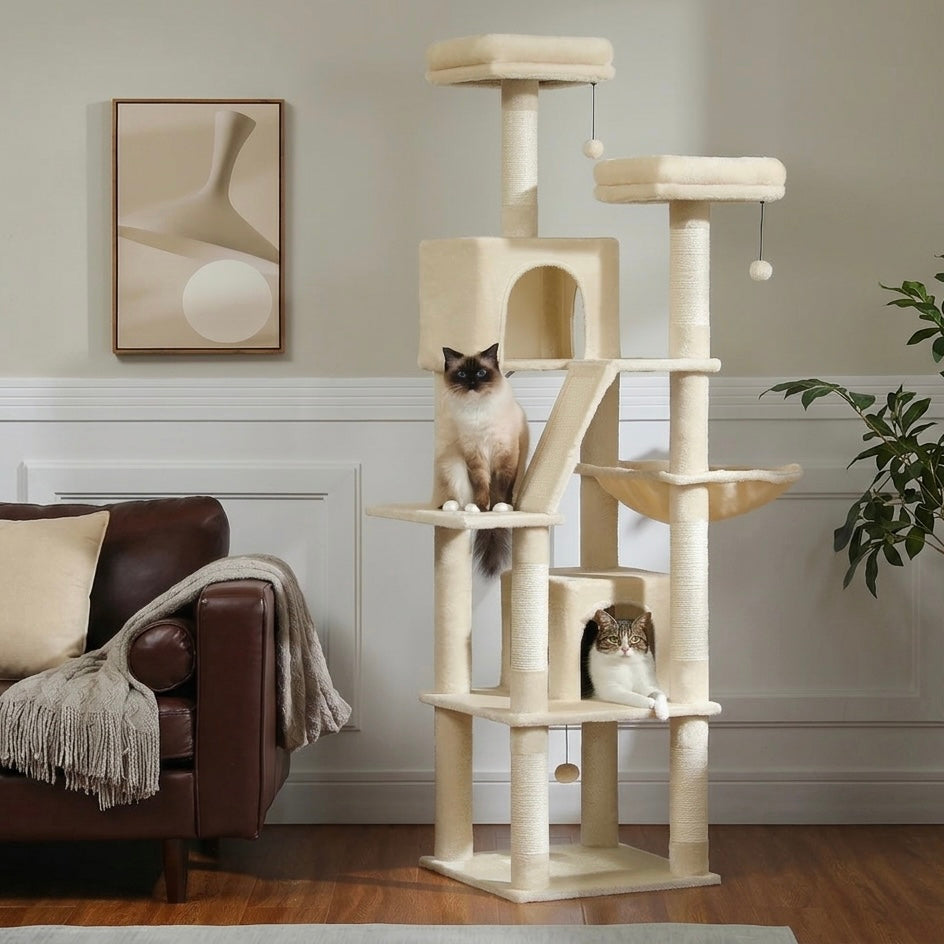 Large multi-level cat tree with sisal posts hideaway and hanging toys — image 2