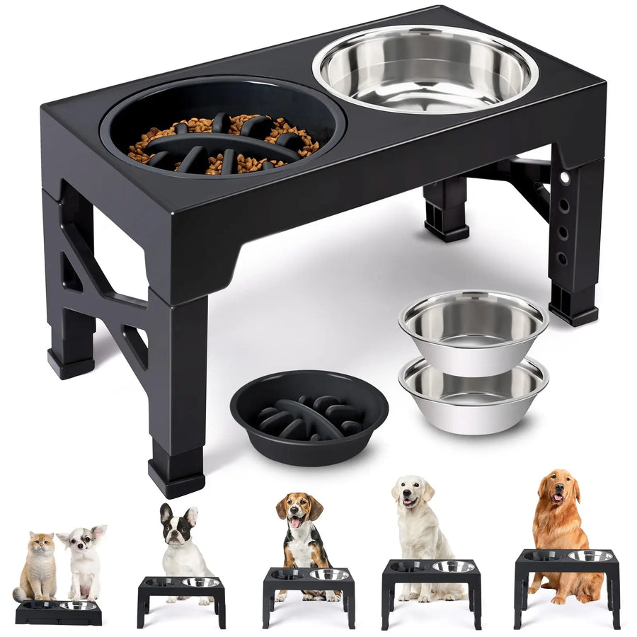 3-in-1 Elevated Dog Bowl Stand | Slow Feeder + 2 Steel Bowls, 5 Heights