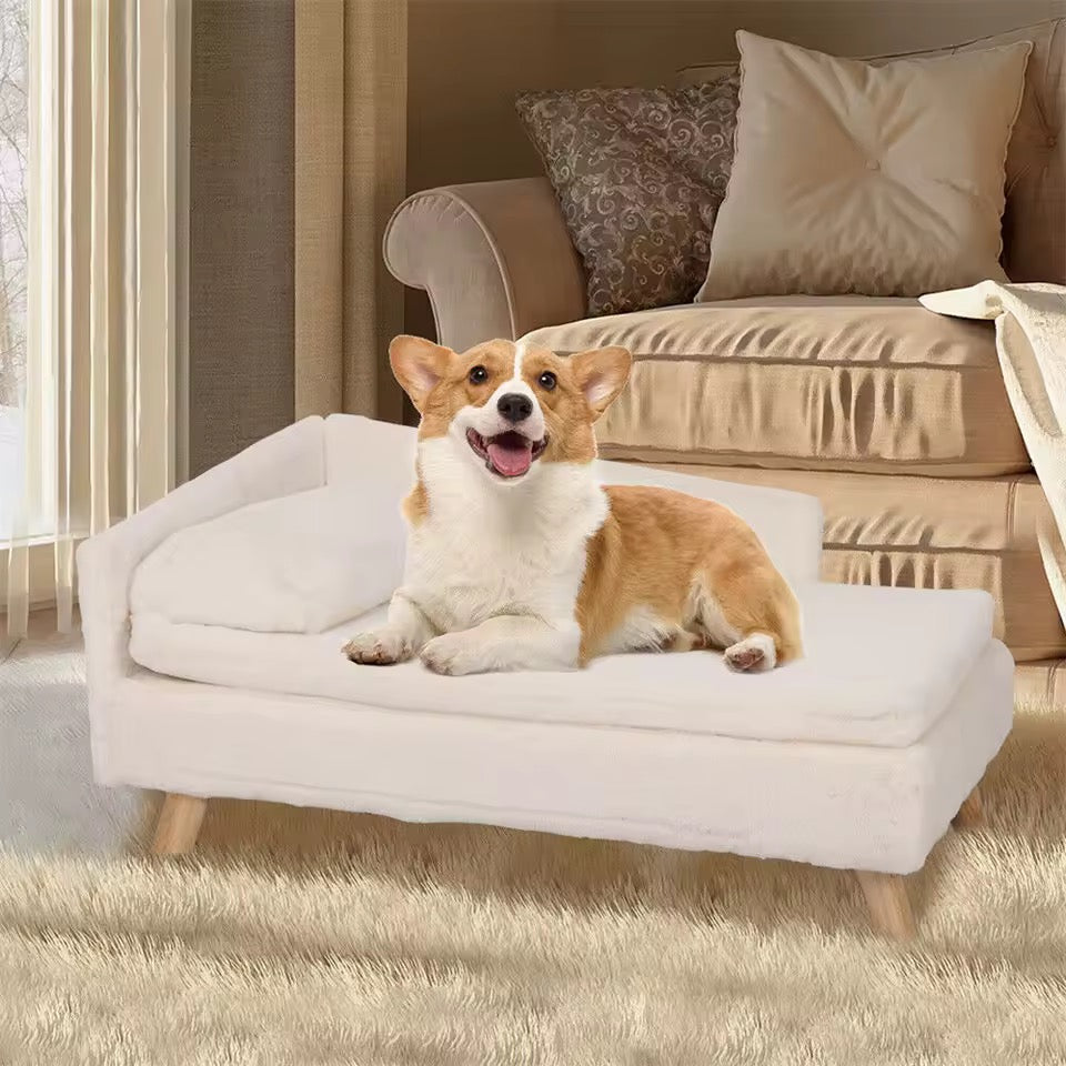 Elevated L-shape pet sofa bed with cushion, pillow, and rubber wood legs — image 1