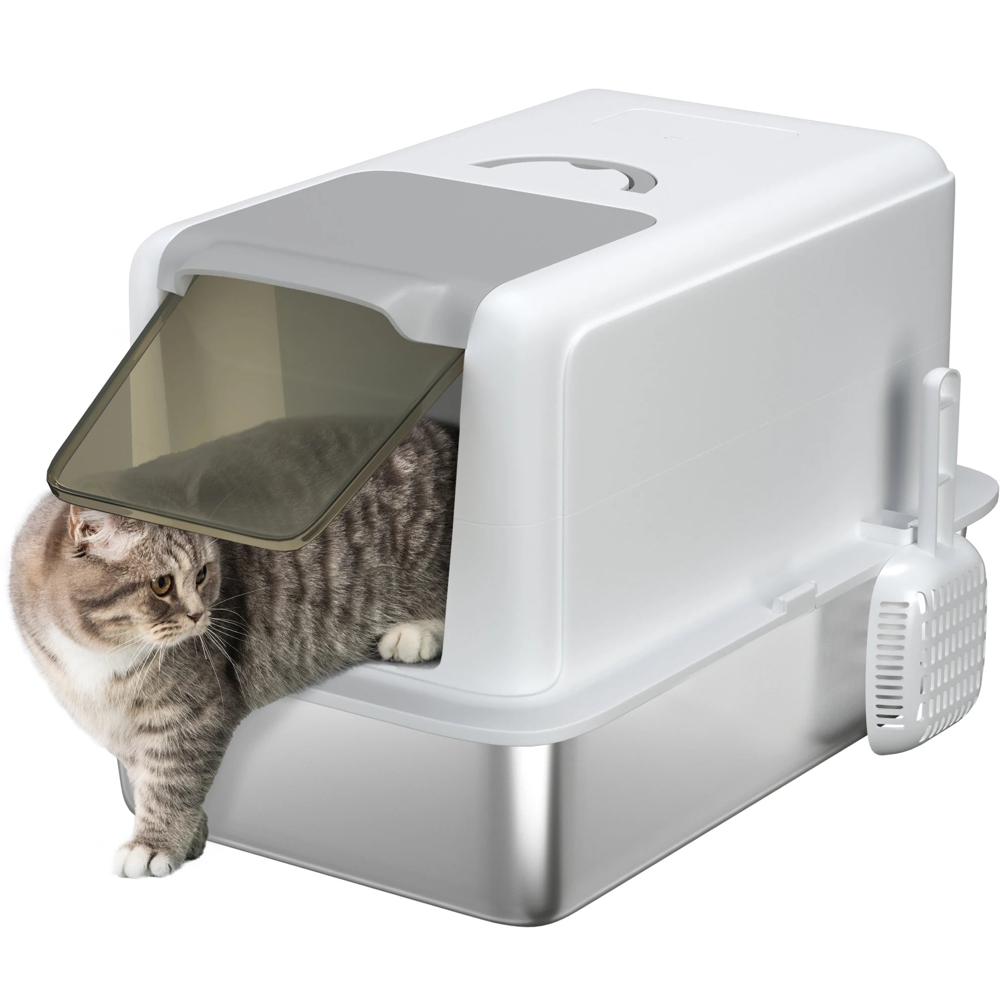 Covered cat litter box with stainless steel tray and front flap — image 1