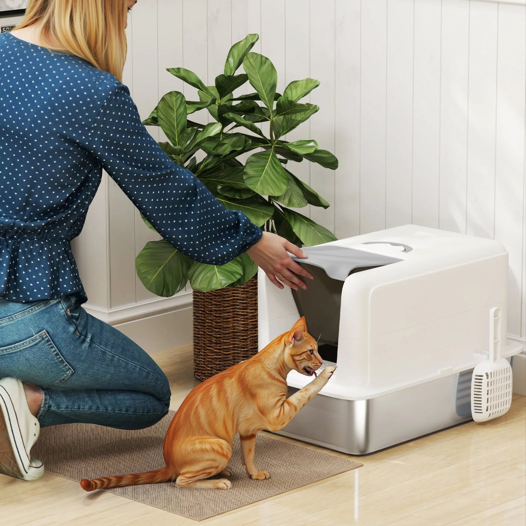 Covered cat litter box with stainless steel tray and front flap — image 2
