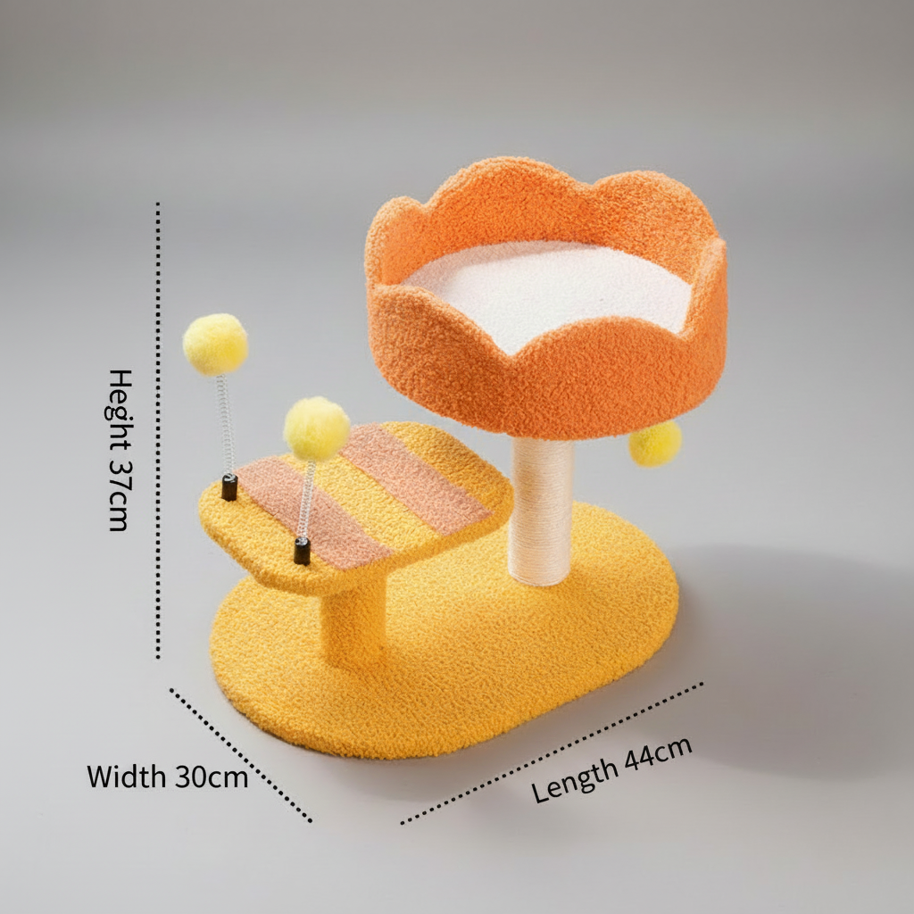 Cat perch station with flower bowl nest, sisal scratcher, and spring toy — image 2