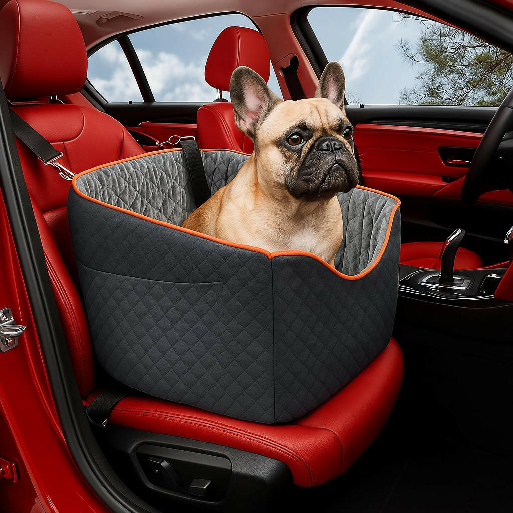 Elevated dog booster car seat with quilted interior and safety belt attachment — image 2