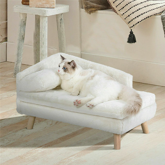 Elevated L-shape pet sofa bed with cushion, pillow, and rubber wood legs — image 2