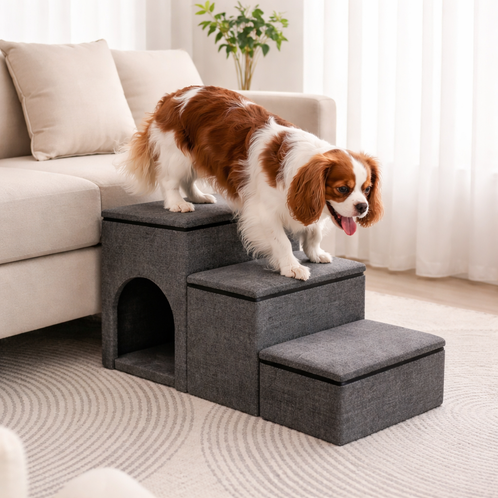 Foldable 3-step dog stairs with internal storage and removable cover — image 2