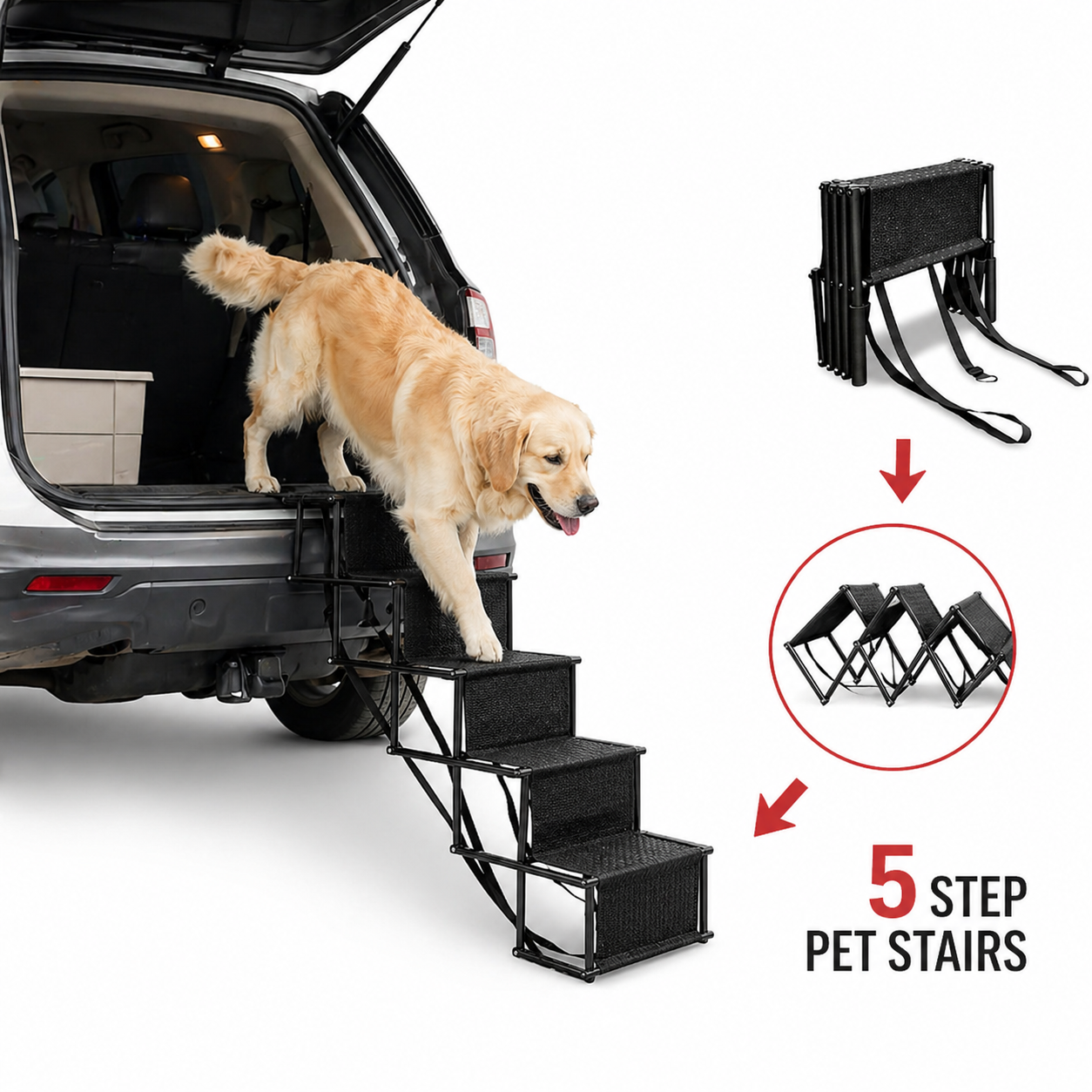 Foldable 5-step dog car stairs for SUVs and trucks with non-slip treads — image 2