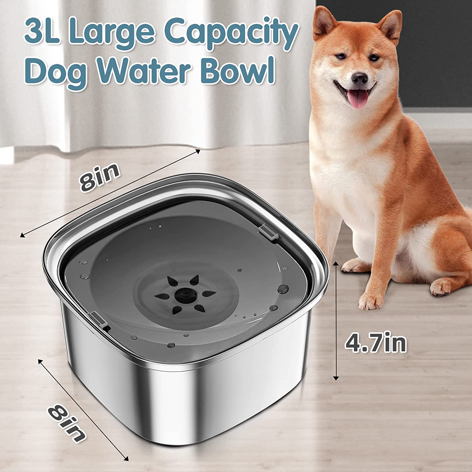 Spill-proof stainless steel dog water bowl with floating disc and filter — image 2