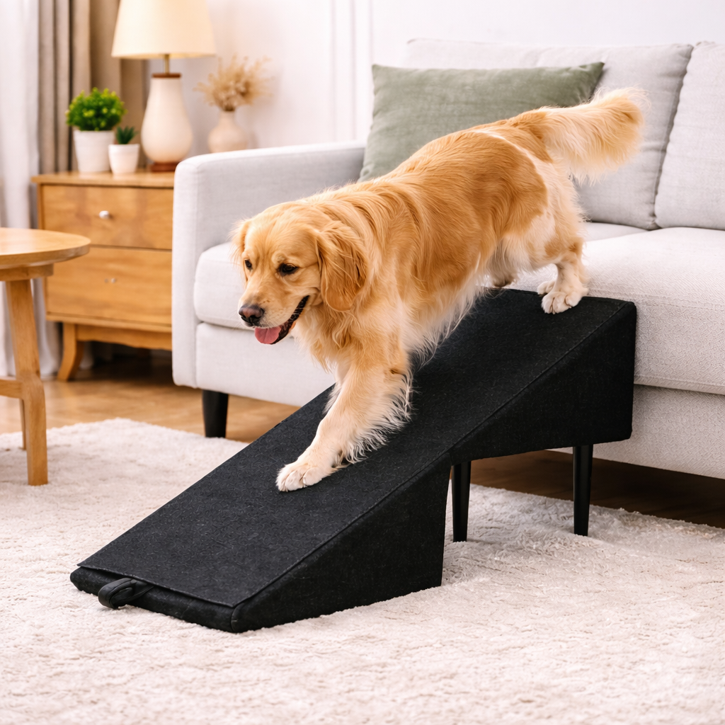 2-in-1 non-slip dog ramp for bed and car with foldable wood steps — image 1