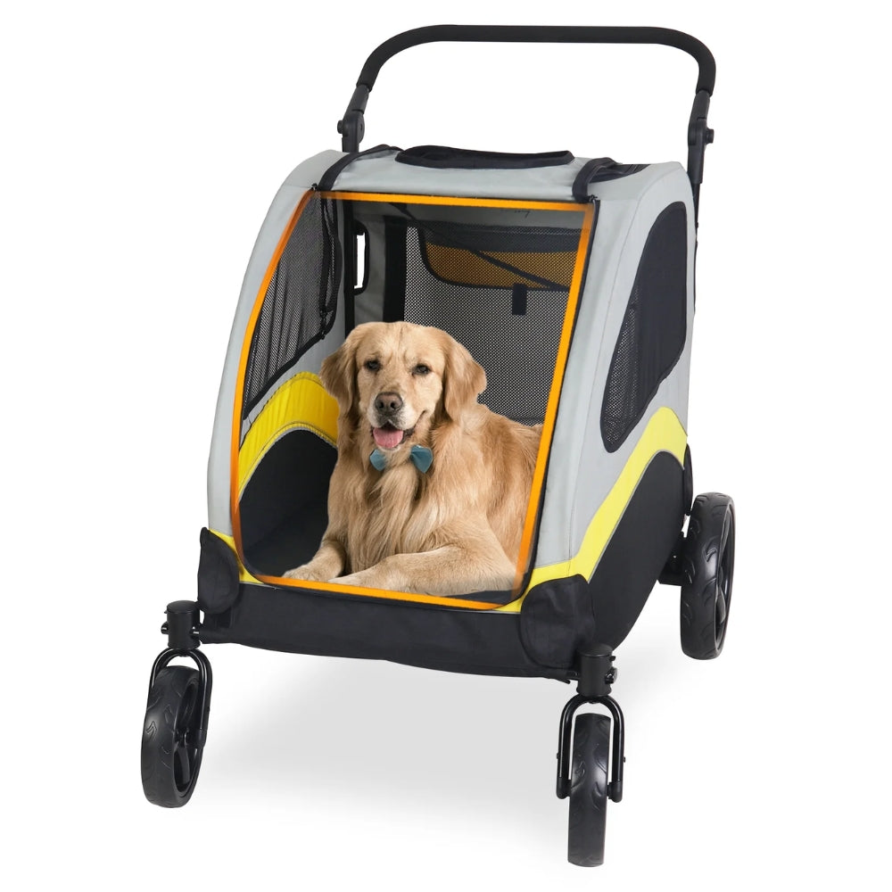 Large four-wheel dog stroller with panoramic mesh view and safety collar hook — image 2
