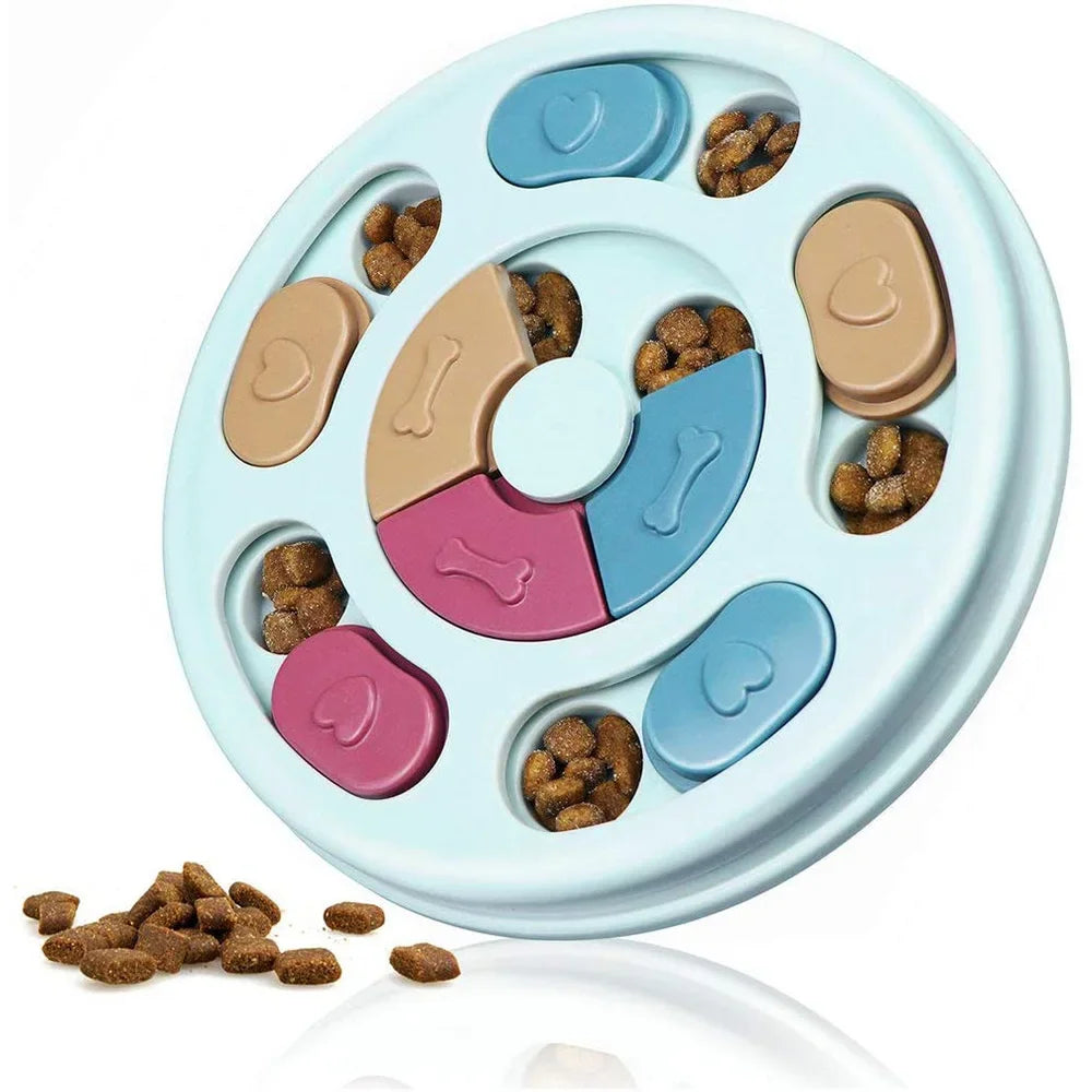 Round dog puzzle slow feeder with kibble in the compartments