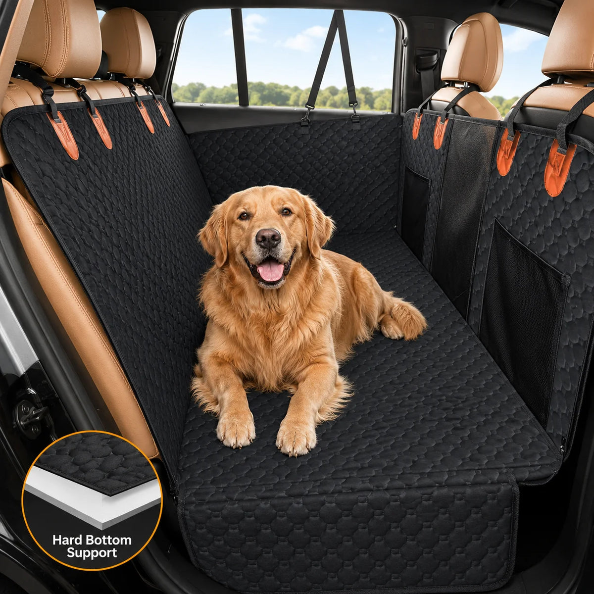 Hard bottom back seat extender with a large dog