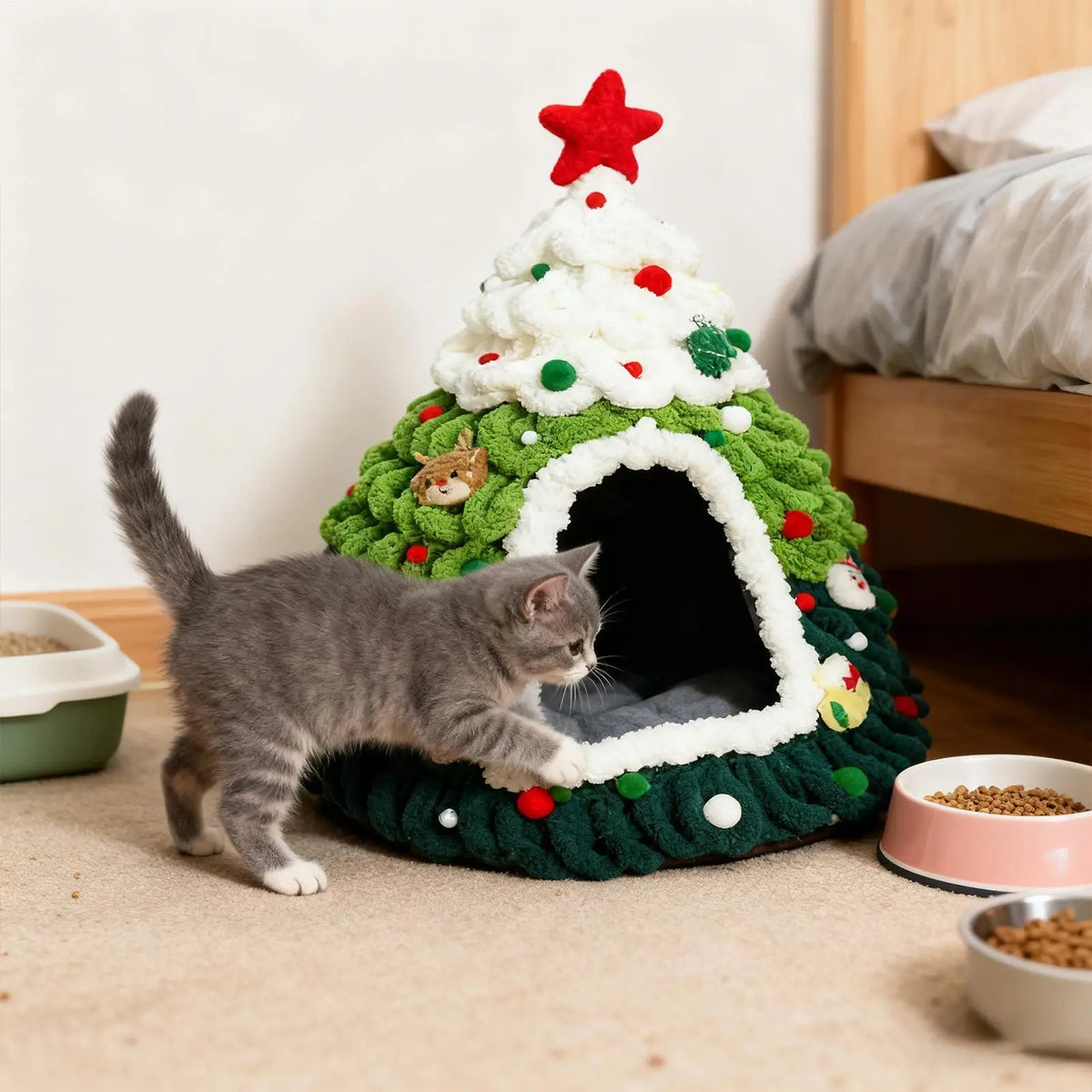 Knitted Christmas tree cat house
