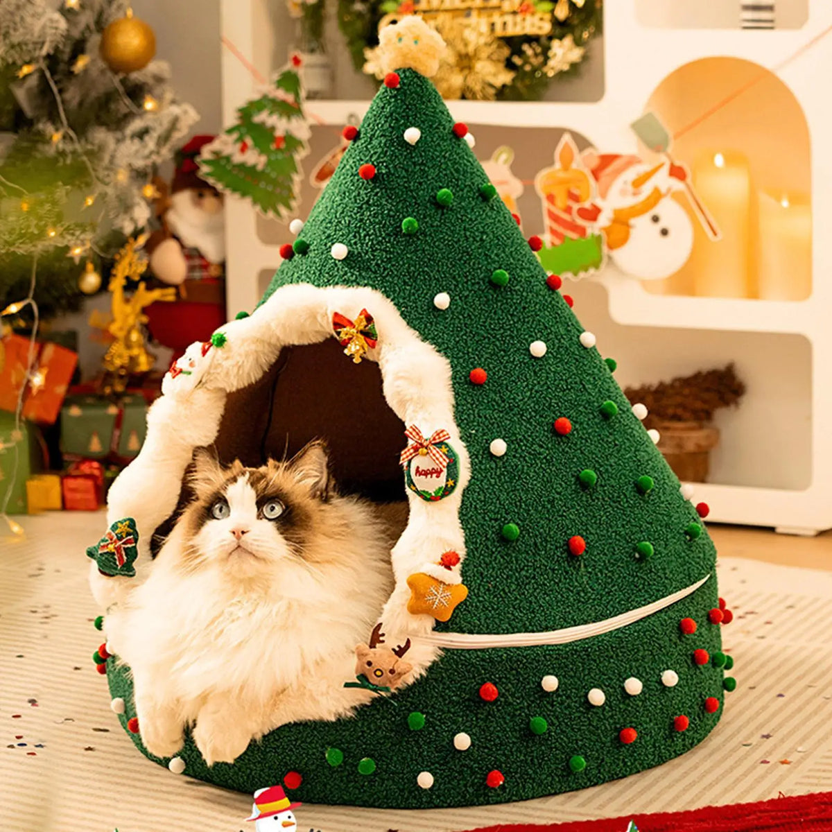 Green Christmas tree shaped cat cave