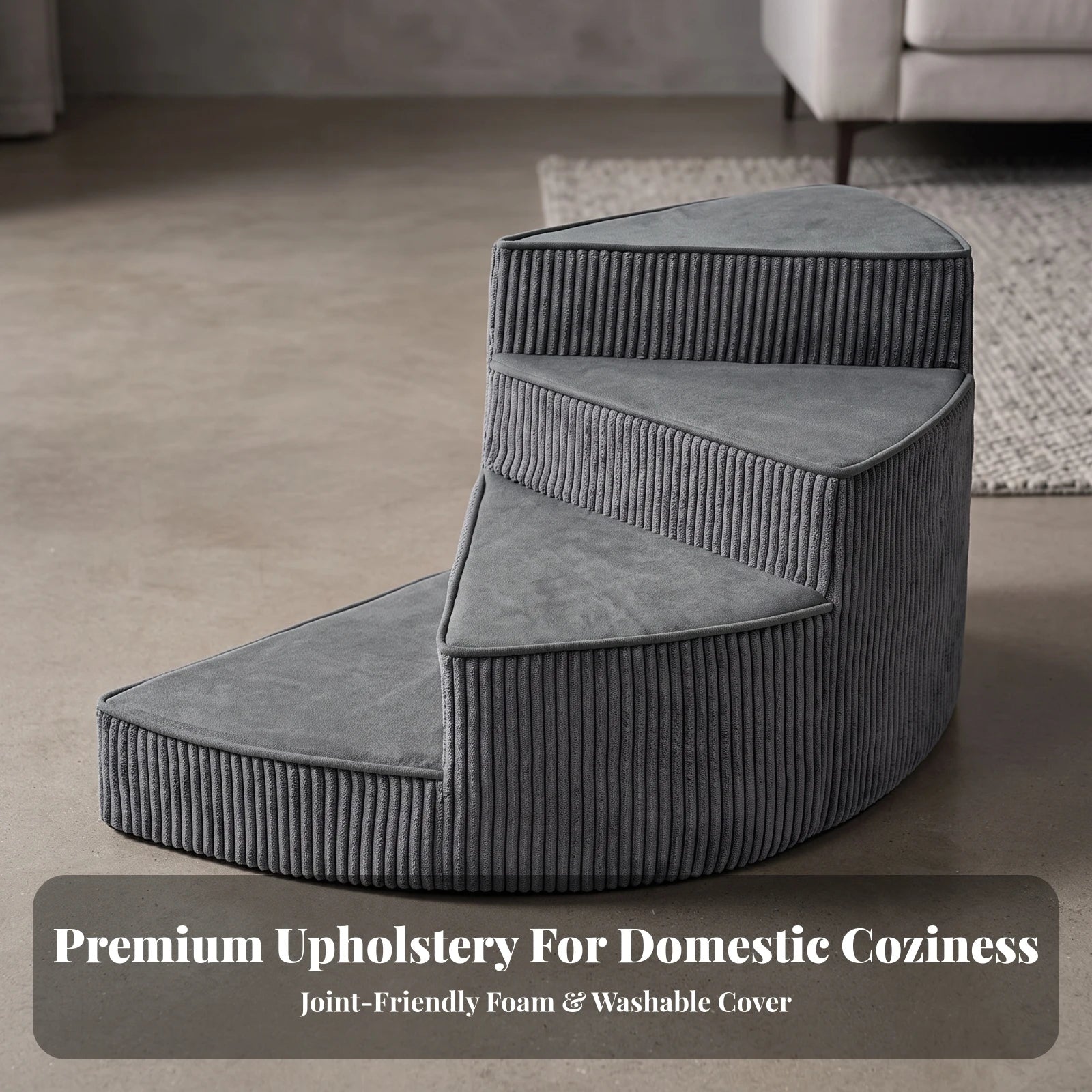 Grey corduroy curved dog stairs beside a sofa - photo 1